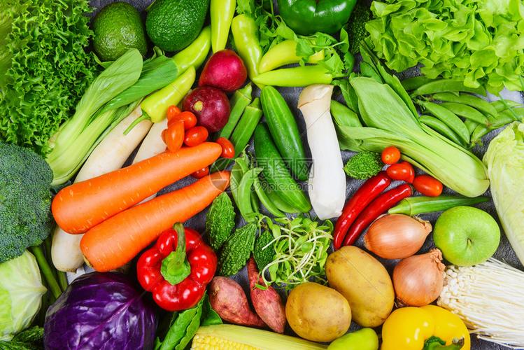 混合蔬菜和水果背景健康食品清洁健康各类新鲜成熟水果子红黄紫色和绿